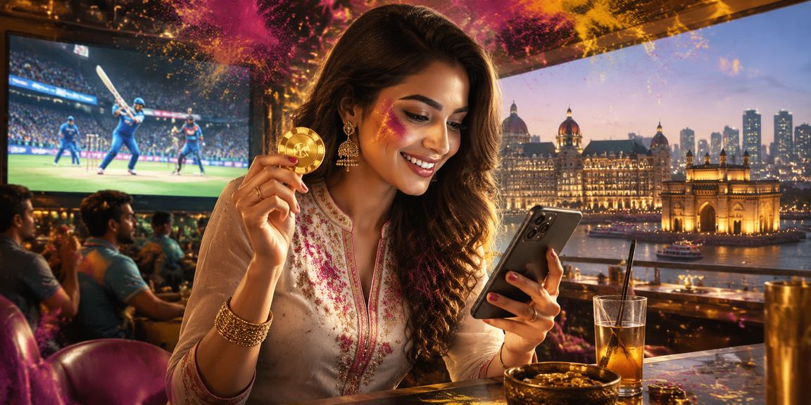 Woman playing online Rummy game on smartphone in Indian urban setting