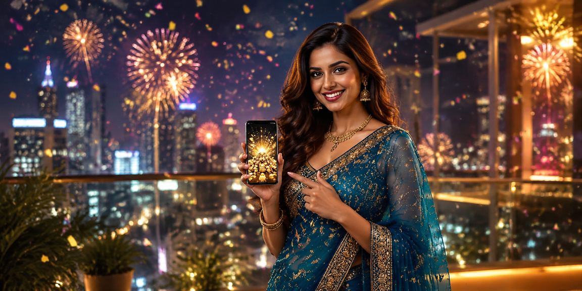 Indian woman playing mobile casino in saree
