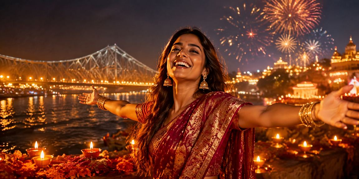 Rummy player using phone with festive lighting in Kolkata